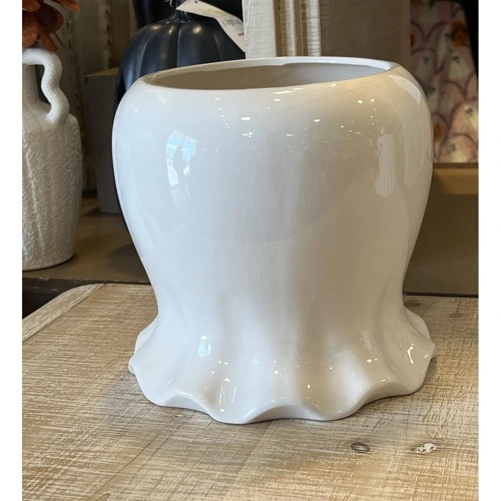 Ghost Shaped Vase Ceramic Halloween Candy Bucket Tabletop Decoration New 10in